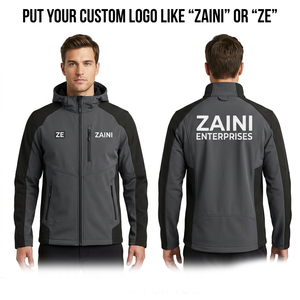 เสื้อแจ็คเก็ต ZAINI 220 กรัม พรีเมียม โพลีเอสเตอร์ ซอฟต์เชลล์ สำหรับผู้ชาย ฤดูใบไม้ร่วง มีฮู้ด ระบายอากาศ กันลม เป็นมิตรกับสิ่งแวดล้อม สีเทา-ดำ แบบ ODM - Product Image 1