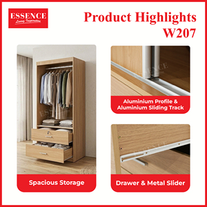 ตู้เสื้อผ้าแบบพับได้สองบาน รุ่นเอสเซนส์ คอนเทมโพรารี่  วัสดุแผ่นชิปบอร์ด  2 ลิ้นชัก รุ่น W207 สีโอ๊ค ผลิตในมาเลเซีย ขายส่ง - Product Image 6
