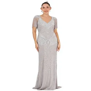 Wholesale Luxury Silver Grey Maxi <b>Dress</b> Heavy Beaded V-Neck Flutter Sleeve <b>Evening</b> Gown Elegant <b>Wedding</b> Guest <b>Dress</b> - Product Image 4