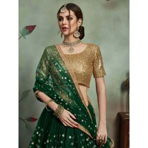 Dark <b>Green</b> Sequin <b>Net</b> Party Wear Lehenga Choli with Dupatta - Product Image 4