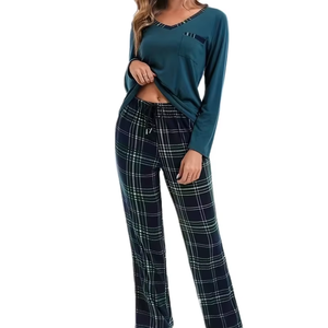 Conjunto de Pijama de Manga Larga con Cuello en V para Mujer, Pantalones a Cuadros, Ecológico, Transpirable, Antibacterial, de Secado Rápido, con Cordón Ajustable, Spandex/Algodón - Product Image 1