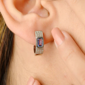 14K Gold Huggie Hoop Earrings with Natural Blue Sapphire and Diamond Cluster - Product Image 1