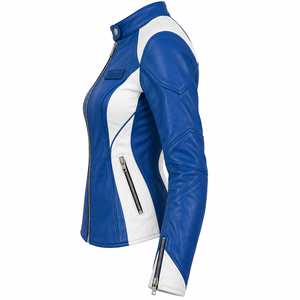 Royal Blue Leather <b>Jacket</b> <b>Womens</b> White Side Accent Snap Collar Biker Slim Fit Zip Cuff Custom Racing Track Outerwear Coat Tops - Product Image 4