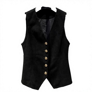 Black Women's <b>Blazer</b> Vest With Gold Buttons V-Neck Solid Color Polyester Woven Sleeveless Regular Fit Autumn Style - Product Image 1