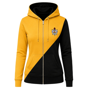 Sudadera con capucha para mujer, personalizada, dorada y negra, con 2 paneles cruzados, cremallera completa, bloques de color, manga larga, informal, universitaria, deportiva - Product Image 1