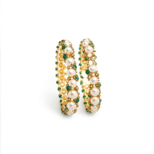 18K Gold Plated Stainless Steel Cuff Bangle with Pearl-Classic Vintage Green Bangles - Product Image 2