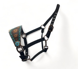 Harnais de luxe pour chevaux de style western, en cuir de vache argentin, avec sangles en nylon, imprimé holographique, surpiqûres turquoise - Product Image 1