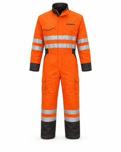 Orange Black Hi Vis Industrial Work Coverall Heavy Duty Reflective Mechanic <b>Overall</b> Utility Pockets Elastic Waist Spandex - Product Image 1