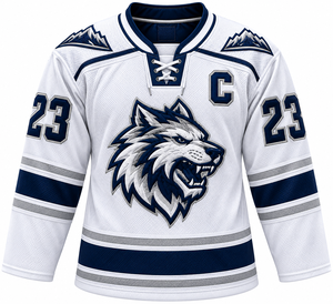 Camiseta de hockey sobre hielo blanca bordada para hombre, cuello en V, logotipo de lobo, equipo 23 C - Product Image 1