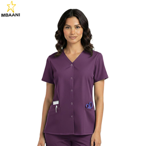 Women’s Snap Front <b>Scrub</b> <b>Top</b>, 3 Pockets V-Neck Medical Uniform Shirt, Short Sleeve - Product Image 1