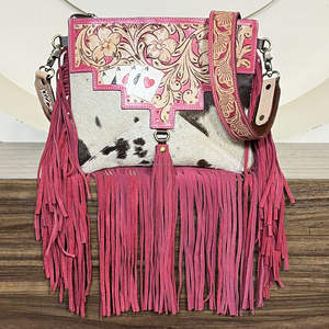2026 Designer Hand Tooled Cowhide Leather Fringe Bags Western Style Floral Crossbody Boho Fashionable Ladies Sling Handbags - Product Image 4