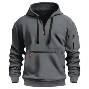 Men's <b>White</b> Hooded <b>Quarter</b> <b>Zip</b> Fleece Lined Front Logo Sweatshirt Regular Fit Solid Color Casual Knitted Pocket Design Winter - Product Image 3