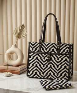 Trendy Geometric Pattern Jacquard Canvas Tote <b>Bag</b> Leather Trim Zipper Closure Anti-Theft Feature XL Capacity Shoulder <b>Strap</b> for - Product Image 4