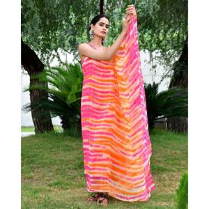 Vestido Kaftán Bohemio Largo con Rayas Naranjas Shibori, Cuello Asimétrico, Silueta Holgada, Talla XS, Transpirable para Ocio - Product Image 1