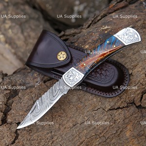 Pine Cone Handle OEM ODM Customizable Hand Engraved Damascus Steel Folding Knife with Leather Pouch Wholesale Factory Direct - Product Image 6