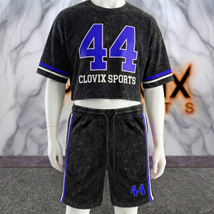 CLOVIX SPORTS Custom Logo Men Summer Acid Wash Short Set Cotton T <b>Shirt</b> And Shorts Two Piece Casual Outfit Wholesale - Product Image 3