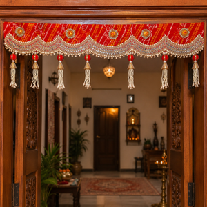 Handmade <b>Red</b> Bandhani Mirror Work Pearl Tassel Bandhanwar Toran Door Hanging Diwali Wedding Home Decor Entrance Decoration - Product Image 2