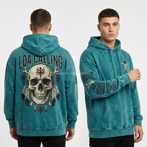เสื้อฮู้ดซิป Tribal Spirit Walker 500GSM สีฟ้าซีดลายกราฟิกกะโหลกและดรีมแคชเชอร์สไตล์ชนเผ่าสำหรับผู้ชาย เสื้อสตรีทแวร์แบบซิป ผลิตจากโรงงาน - Product Image 4