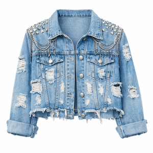 เสื้อแจ็คเก็ตยีนส์ผู้หญิงทรงหลวม ลายแจ็คการ์ด แขนยาว สไตล์คาร์ดิแกน กันลม ลายเสือดาว มีเข็มขัด โลโก้ ผ้าฝ้าย 100% ซักแล้ว - Product Image 5