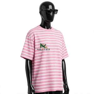 T-shirt rayé unisexe NEXTEX rose et blanc en jersey de coton doux à col rond décontracté - Product Image 3