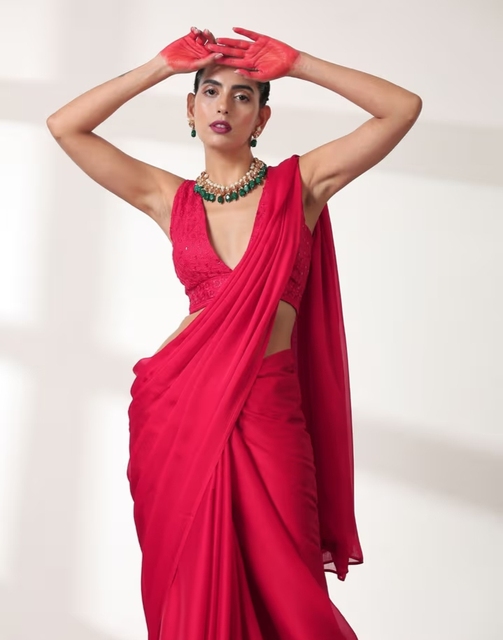 KV Ruby Red Silk Rayon Chiffon Bollywood Style Party Saree with Unstitched Blouse