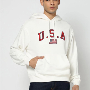 Sweat à capuche unisexe blanc court 100% coton avec poche avant, vêtement d'hiver - Product Image 3