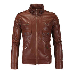 Men's Genuine <b>Leather</b> <b>Jacket</b> Stand Collar Zip Up Casual <b>Winter</b> Coat Four Pocket OEM Custom Design - Product Image 1