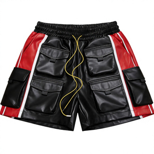 Pantalones Cortos Negros para Hombre, Recubiertos de PU, Cintura Alta, con Cierres Rojos, Cierre de Botón, Estilo Gótico, Material de Spandex y Poliéster - Product Image 3