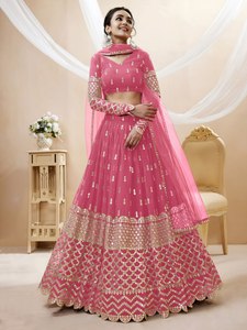 Pink <b>Sequin</b> Georgette Maxi A-Line Lehenga Choli with Dupatta Semi Stitched Quick Dry Bridesmaid Dress Wedding Party Outfit - Product Image 3