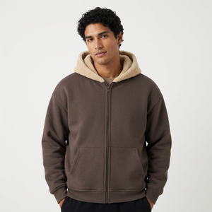 Men's <b>Brown</b> Sherpa Lined <b>Zip</b> Up <b>Hoodie</b> Oversized Fleece Sweatshirt Casual Winter Hooded Jacket - Product Image 6