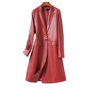 Trench-coat en peau de mouton mi-longueur femme avec col blazer simple en cuir véritable imperméable automne hiver vêtements d'extérieur en peau d'agneau - Product Image 1