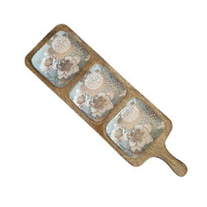 Plat à condiments en bois de manguier à 3 compartiments, imprimé et émaillé, pour l'hôtellerie, idéal pour les fruits secs et les noix - Product Image 4
