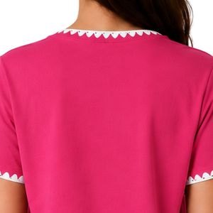 Camiseta de Mujer Rosa Intenso con Bordado Floral, Ribete Blanco en Contraste, Cuello Redondo, Manga Corta, Estilo Casual, OEM ODM, Personalizable - Product Image 6