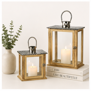 Handcrafted Rustic Wooden Candle <b>Lantern</b> <b>Set</b> of 2 Vintage Decorative Glass Hurricane <b>Lanterns</b> for Farmhouse Home Decor Weddings - Product Image 2