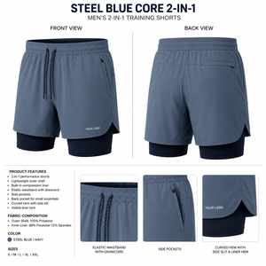 Pantalones cortos de entrenamiento 2 en 1 para hombre Steel Blue Core con cintura elástica y bolsillos laterales, de secado rápido y ajuste deportivo - Product Image 4