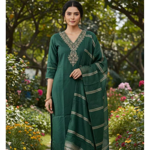 Simply Elegant : Ensemble en coton slub avec dupatta jacquard - Product Image 1
