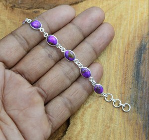 Superbe véritable cabochon ovale violet Mohave Cooper Turquoise serti de lunette en argent sterling 925 massif chaîne à maillons Bracelet fin - Product Image 5