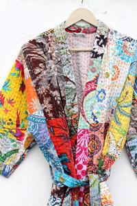 Kantha Algodón Multicolor Patchwork Abrigo Baño Abrigo Algodón Kantha Kimono Para Mujer - Product Image 6