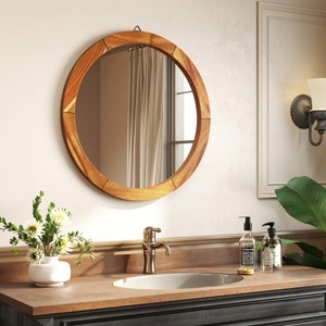 <b>Round</b> Acacia Wood Wall <b>Mirror</b> 30 Inch Minimalist Handcrafted Natural Scandinavian Decor Living Room <b>Bathroom</b> - Product Image 1