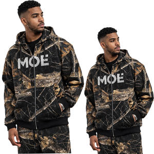 เสื้อฮู้ดผู้ชายแบบมีซิป ผ้าฝ้าย 450 GSM สีดำลายพราง ประดับเพชรเทียม แขนปกติ ทรงโอเวอร์ไซส์ สไตล์สตรีท วินเทจ ฮิปฮอป OEM - Product Image 1