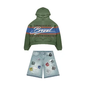 Conjunto de Sudadera Corta Verde con Pantalones Cortos de Mezclilla |   Conjunto de Ropa Urbana Oversize a Juego |   Ropa Unisex para Adultos 100% Algodón - Product Image 1