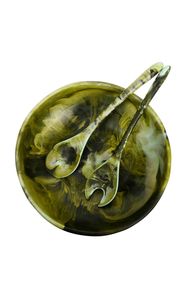 Bol de service en résine multi-usages avec ensemble de cuillères pour servir des fruits secs, des collations et des salades, offrant un style pratique et élégant - Product Image 4