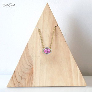 Top Quality Natural 7x5mm Oval Cut Pink Sapphire Gemstone Necklace in 14k Fine Gold Diamond Halo Necklace Top Wholesale Supplier - Product Image 6