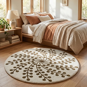 Alfombra de Baño Redonda con Diseño de Enredaderas Florales en Crema y Verde Oliva |   Algodón Orgánico de Primera Calidad |   Base de Goma Antideslizante - Product Image 4