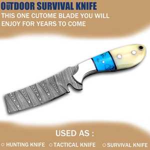 Custom Handmade Damascus Steel <b>Knife</b> | Fixed Blade Hunting & Camping <b>Knife</b> with Turquoise & <b>Bone</b> <b>Handle</b> Embossed Leather Sheath - Product Image 3