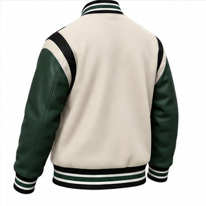Blouson Bomber Letterman en Gros Direct Usine – Corps Crème Blanc Cassé, Manches en Cuir Vert Forêt, Boutons Pression Noirs – OEM - Product Image 5