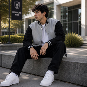 Veste universitaire grise et noire pour homme avec fermeture boutonnée, vêtement décontracté pour l'automne - Product Image 5