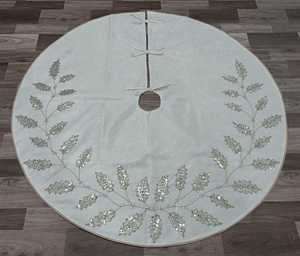 Festive Ivory Christmas Tree Base Cover Gold <b>Sequin</b> Holly Pattern Velvet Luxury Round Tree <b>Skirt</b> - Product Image 2