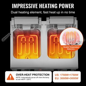 Friggitrice Elettrica Commerciale da Banco 3500W, Doppia Vasca 2 X 9Qt/8.5L, Friggitrice Doppia con Vasca Rinforzata da 1mm e 2 Cestelli - Product Image 3