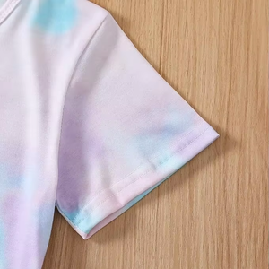 Conjunto de Verano para Niñas, Camiseta Corta con Estampado Tie-Dye de Algodón, Pantalones Cortos con Cintura Elástica y Bolsillos Laterales, Cómodo - Product Image 3